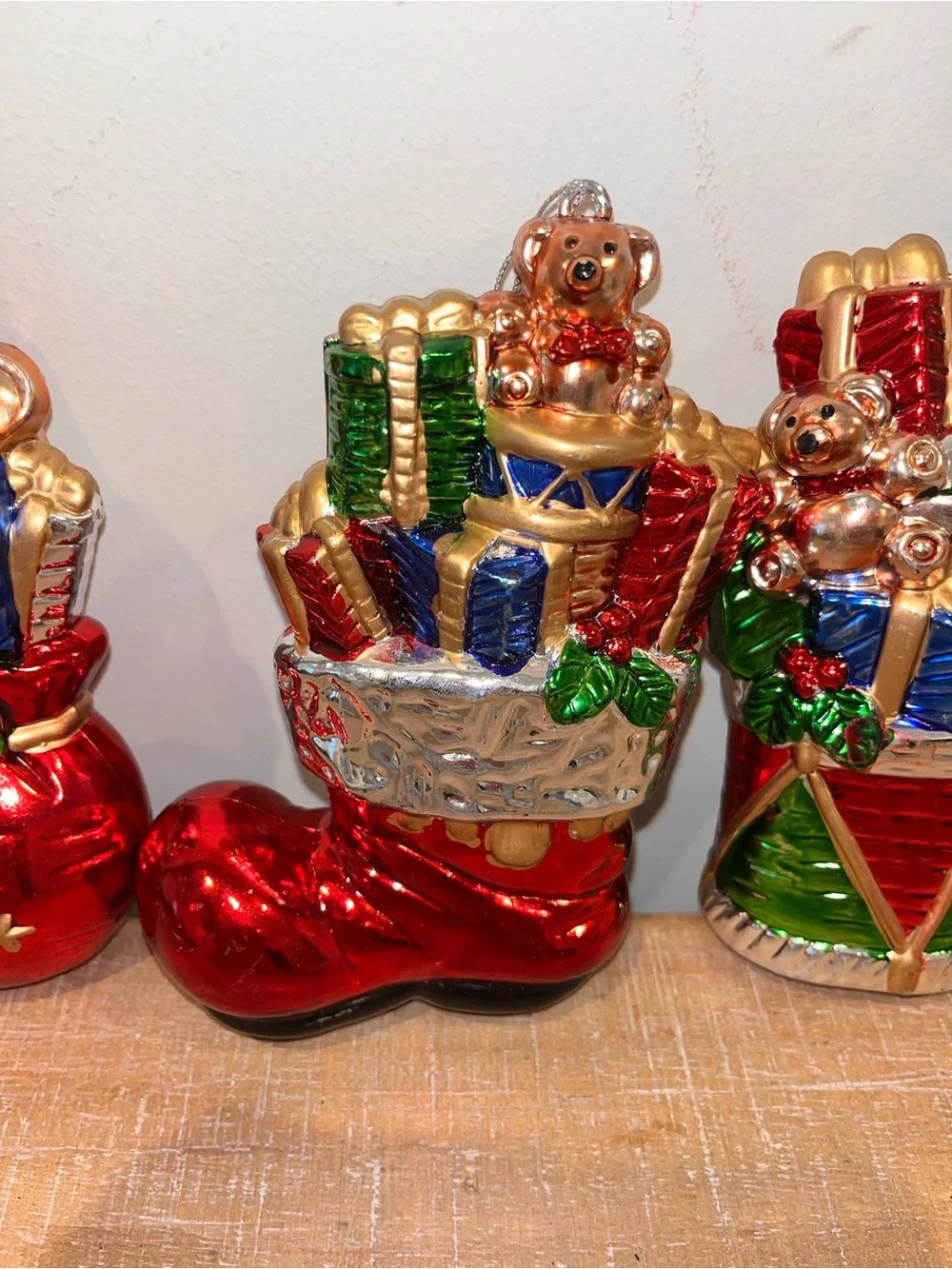 Holiday Glass Ornament Set - Red, Gold & Green Christmas Stocking and Drum 6.5”